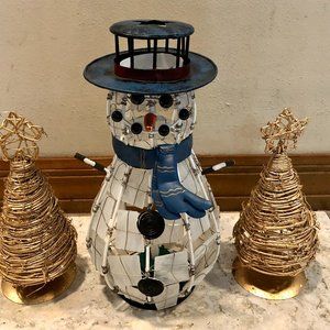 Holiday Decor Bundle Snowman Wire Tiled Gold Metallic Metal Trees Candle Holder